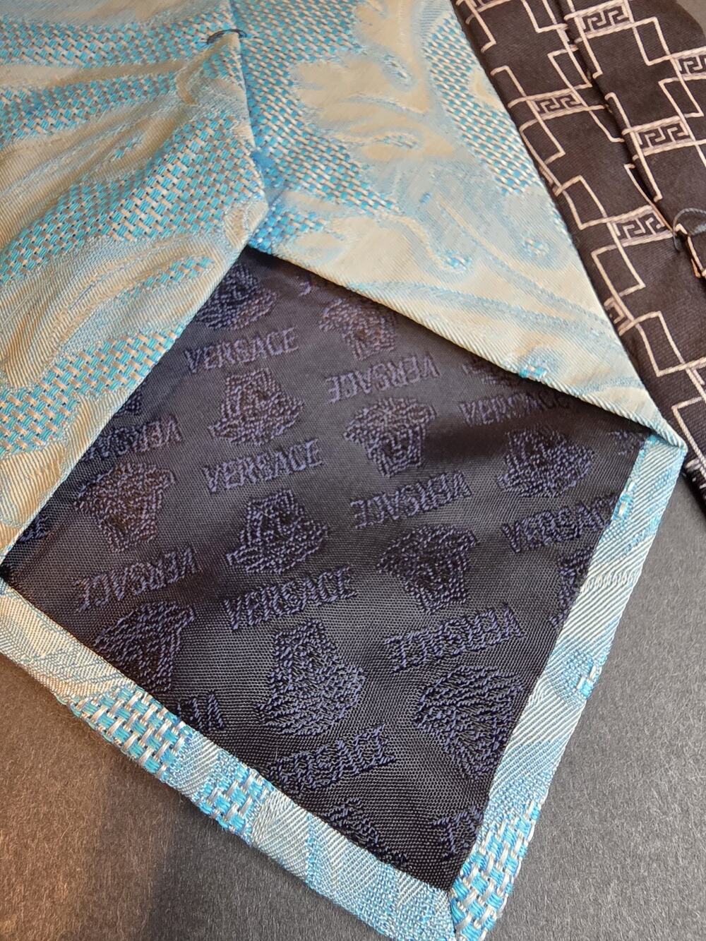 Versace 100% Silk Tie Blue Baroque Floral Medusa Greek Key Pattern Made In Italy